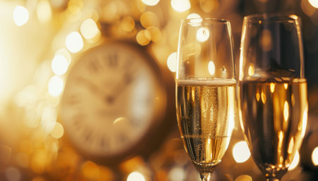 Glasses of champagne and clock on blurred background with bokehの素材