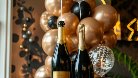 Two bottles of champagne on the background of the wall with balloons.の素材