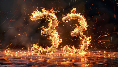 Burning 3D number with sparks and fire on a black backgroundの素材