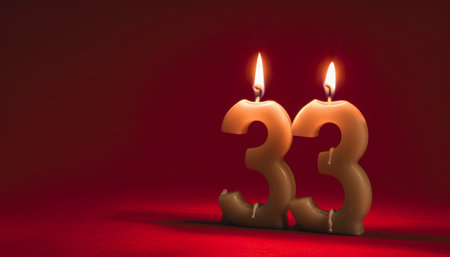 Burning candles in the form of the number three on a red backgroundの素材
