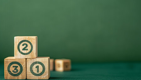 Wooden blocks with numbers on a green background. Business concept.の素材