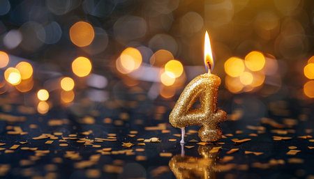 Number 4 gold birthday candle on bokeh background with copy spaceの素材