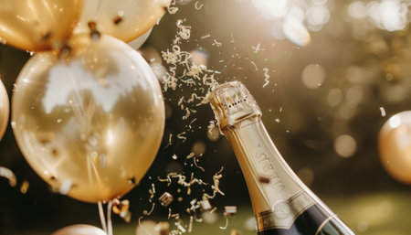 Champagne bottle with confetti and balloons on bokeh backgroundの素材