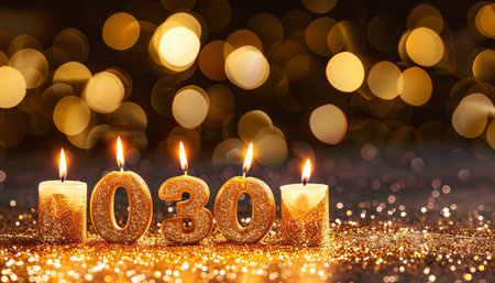 Burning candles on bokeh lights background. Happy New Yearの素材