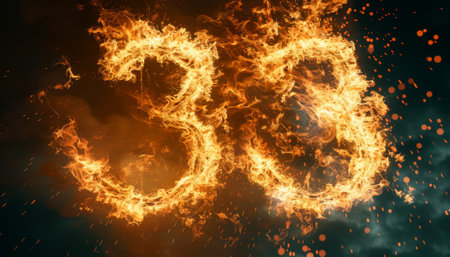 Number 90 burning in flames on a dark background. 3D renderingの素材