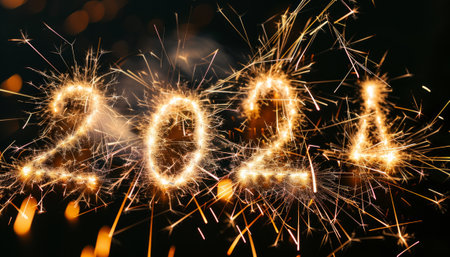 Happy new year 2020 written with sparkler on bokeh backgroundの素材