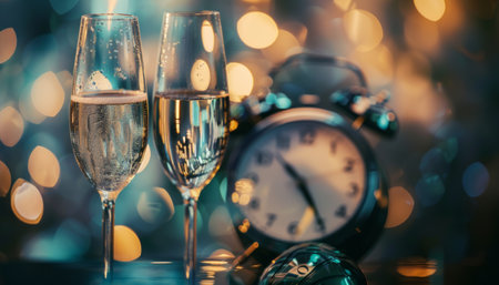 New Year's Eve. Two glasses of champagne and alarm clock on bokeh backgroundの素材