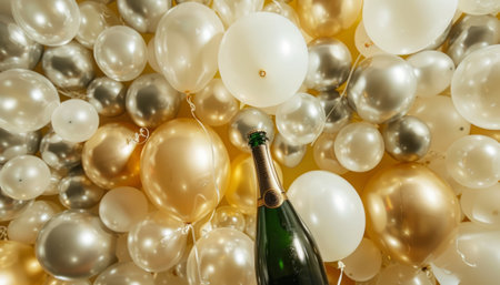 Champagne bottle and balloons on a golden background. Celebration concept.の素材