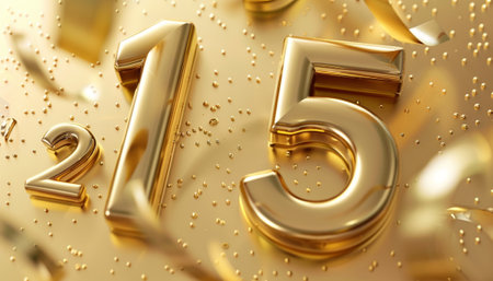 Golden number fifteen (15) on a gold background. 3D illustrationの素材