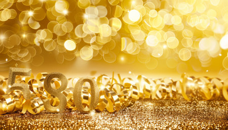 golden christmas background with bokeh lights and ribbonsの素材