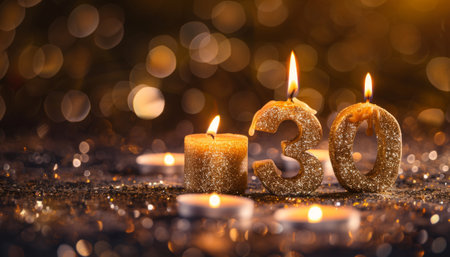 Burning candles with the number ninety-nine on bokeh backgroundの素材
