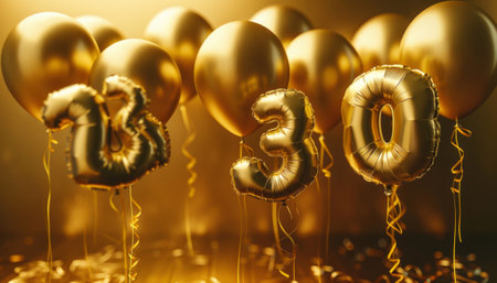 Number 35 gold foil balloon party decoration. Happy Birthday greeting card. 3D Renderの素材