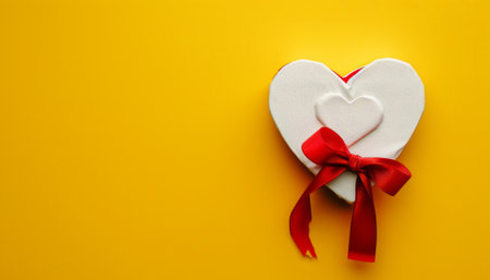 White heart with red ribbon on yellow background. Valentines day concept.の素材