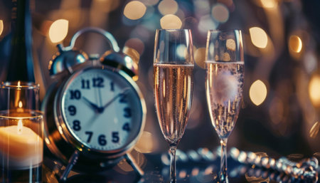 Two glasses of champagne and alarm clock on background with bokehの素材