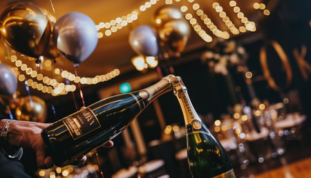 Man's hand holding champagne bottle on blurred background with bokehの素材