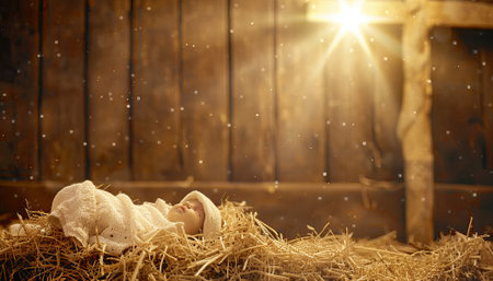 Newborn baby boy in a nest with a christmas tree in the backgroundの素材