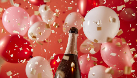 Bottle of champagne with confetti and balloons on red background.の素材