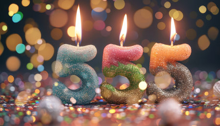 Birthday candles with colorful lights on bokeh background, closeupの素材