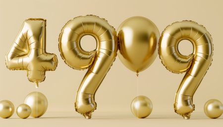 Number 49 gold foil balloon. Happy Birthday greeting card. 3D Renderの素材