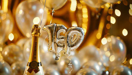 New Year's Eve Celebration. Champagne bottle and golden balloons.の素材