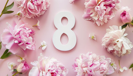 Number eight and peony flowers on pink background. Flat lay, top viewの素材