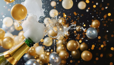 Champagne bottle with bubbles and christmas balls on bokeh backgroundの素材