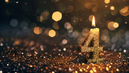 Number 4 candle on bokeh background. Happy New Year and Merry Christmas.の素材