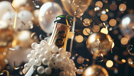 Champagne bottle with golden confetti on bokeh background.の素材