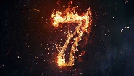 Number seven burning in fire on a black background. 3d renderingの素材