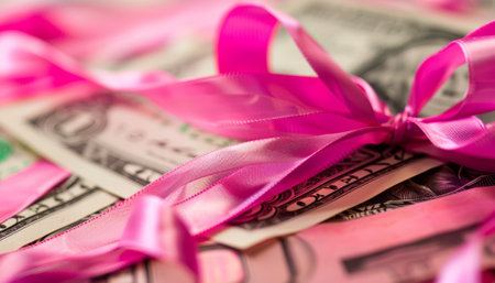 pink ribbon and money as a gift for the holiday of Valentine's Dayの素材