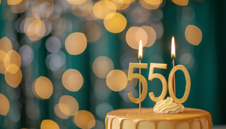 Birthday cake with 50th birthday candle on bokeh backgroundの素材