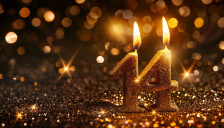 Number 14 candle on glitter background with bokeh lights. Happy birthday cardの素材