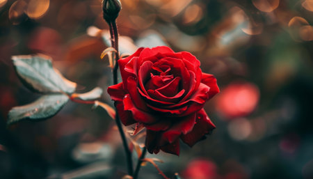 Beautiful red rose on a background of green leaves and bokehの素材