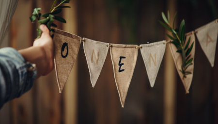 wedding decoration in the form of garlands with letters on a wooden backgroundの素材