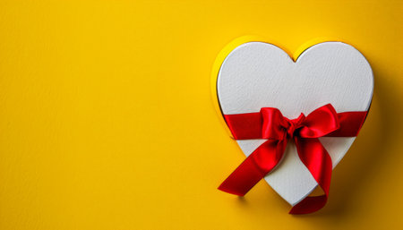 White heart with red ribbon on yellow background. Valentines day concept.の素材
