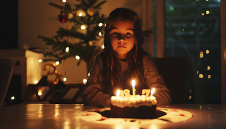 Cute little girl blowing candles on birthday cake at home in eveningの素材