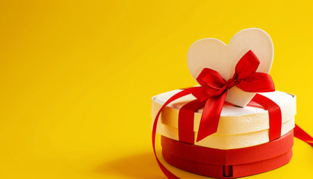 Gift box with a heart on a yellow background with copy spaceの素材