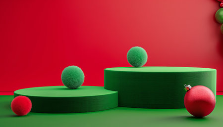 3d render of green podium and red christmas ball on red backgroundの素材