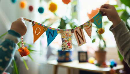 Little girl decorating colorful bunting for baby shower party at homeの素材