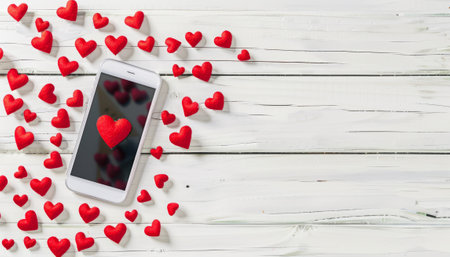 Smart phone with red hearts on white wooden background. Valentine's day conceptの素材
