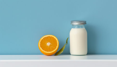 Bottle of milk and orange on blue background. Healthy food concept.の素材