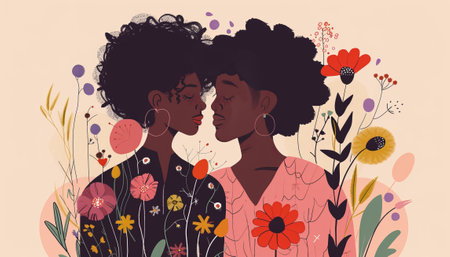 Vector illustration of a young African American couple in love with flowers.の素材