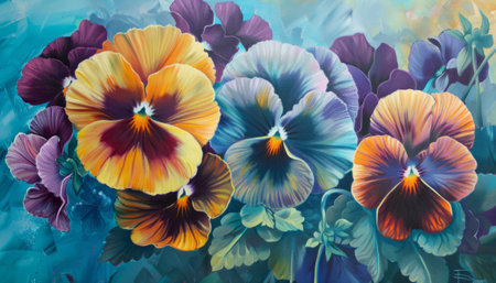 Colorful pansy flowers in watercolor style. Abstract floral backgroundの素材