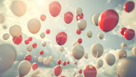 Red and white balloons flying in the sky. 3D Renderingの素材