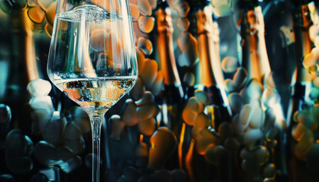 glass of white wine on the background of champagne bottles, close upの素材