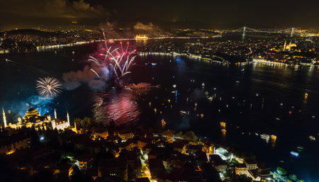Celebratory firework over Bosphorus, Istanbul, Turkeyの素材
