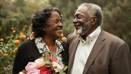 African american senior couple embracing and laughing together in the garden.の素材