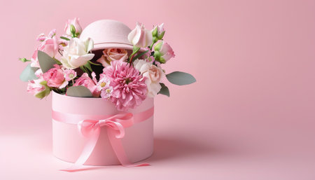 Bouquet of flowers in a gift box on a pink backgroundの素材