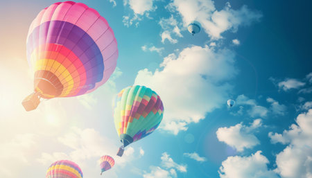 Colorful hot air balloons flying in the blue sky. 3D Renderingの素材