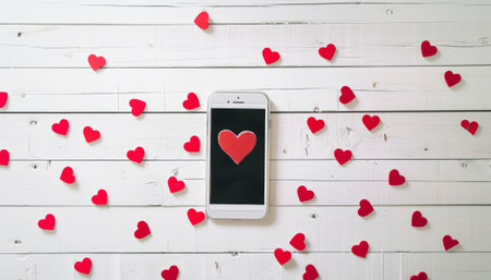 Smartphone with red hearts on white wooden background. Valentines day conceptの素材